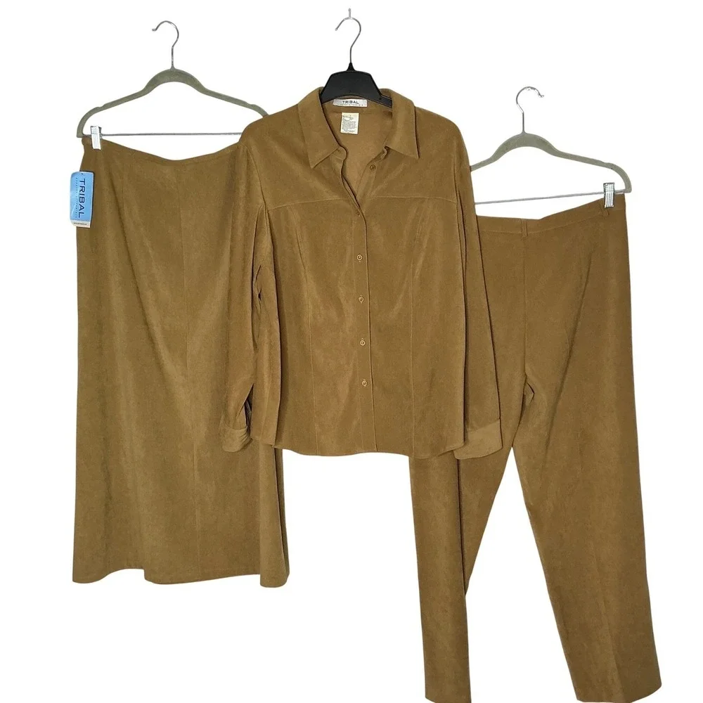 Tribal Stretch 3 Piece  Career‎ Outfit Pants Skirt Button Up Shirt Camel Size 14